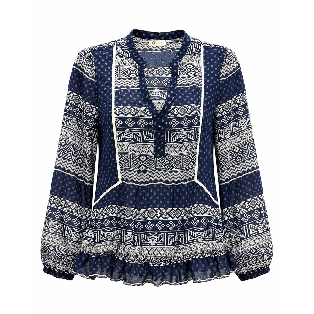Olsenboye Boho Peplum Blouse Womens Large Blue‎ Tribal Print Sheer Ruffle Top